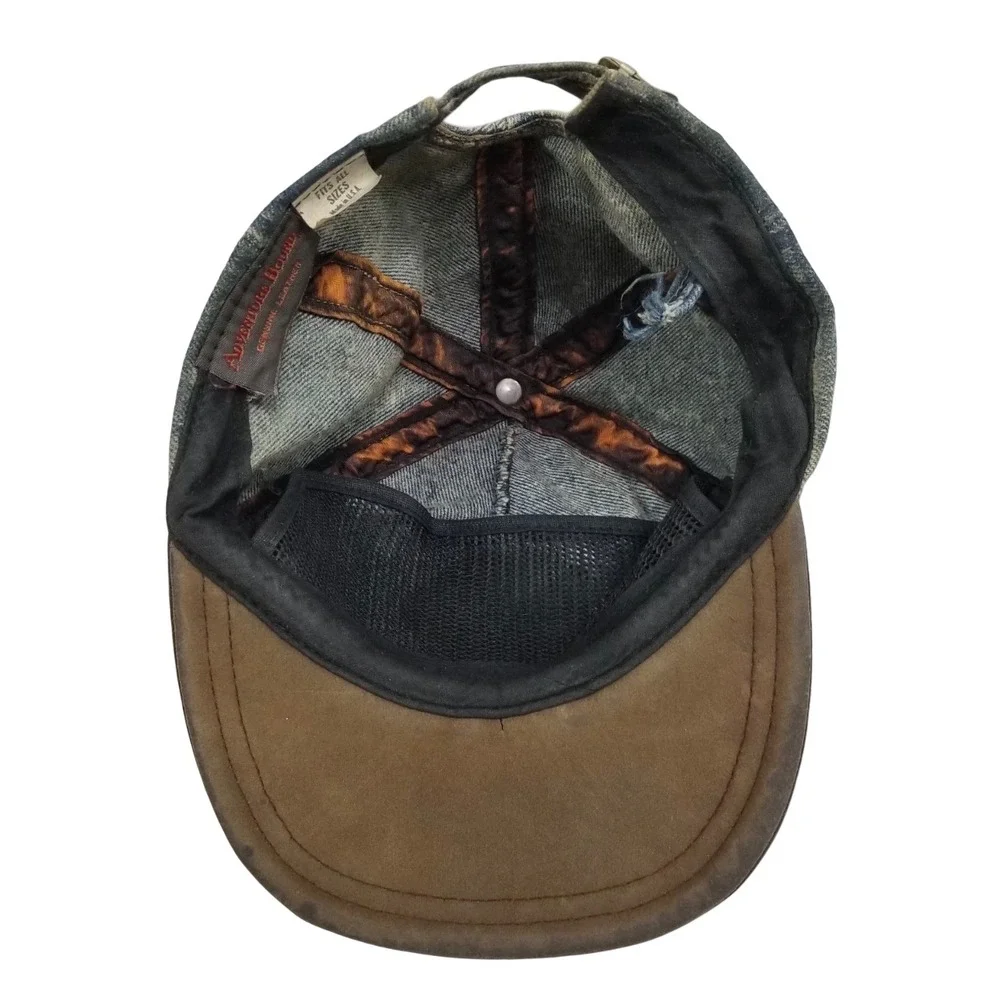 Adventure Bound Acid Wash Denim Cap Leather Bib Baseball Distressed Streetwear